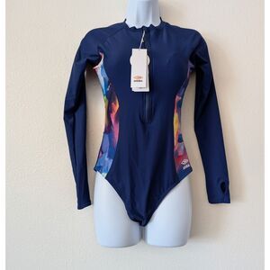 NWT AXESEA Rash Guard Swimsuit Size 8 UPF 50+ Long Sleeve Zip Navy